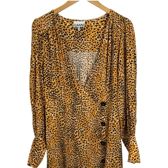 Ganni Wrap-effect Yellow Leopard Print Crepe Buttoned Midi Dress Long Sleeve 42 - Picture 5 of 16